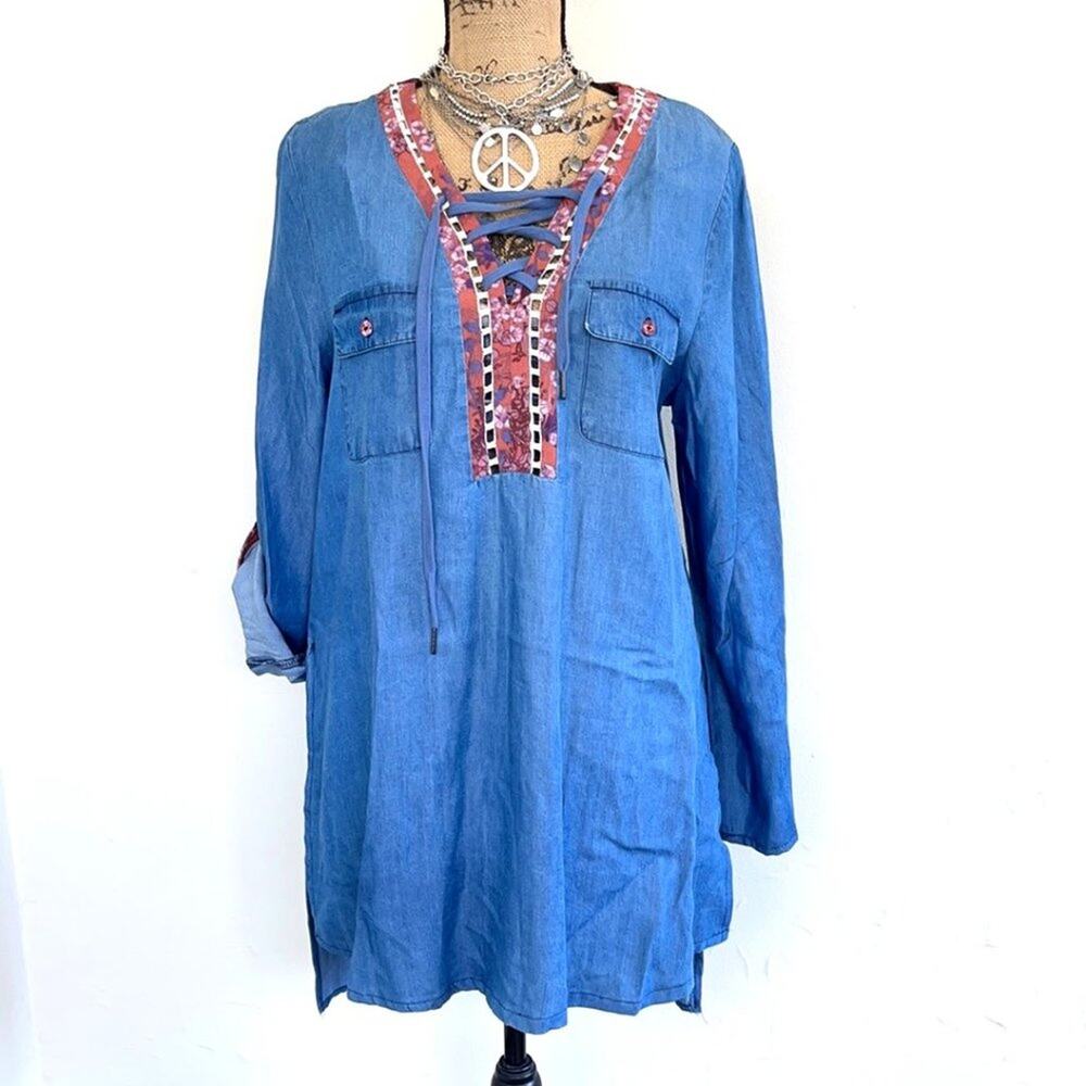 CRIMSON IN GRACE blue tencel denim top blouse M - medium